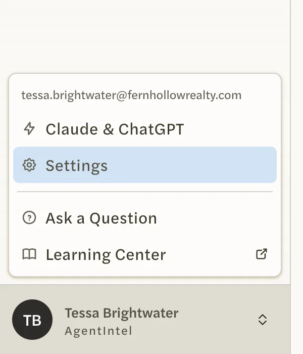 The menu that opens from your name at the bottom of the left menu, with Settings in it
