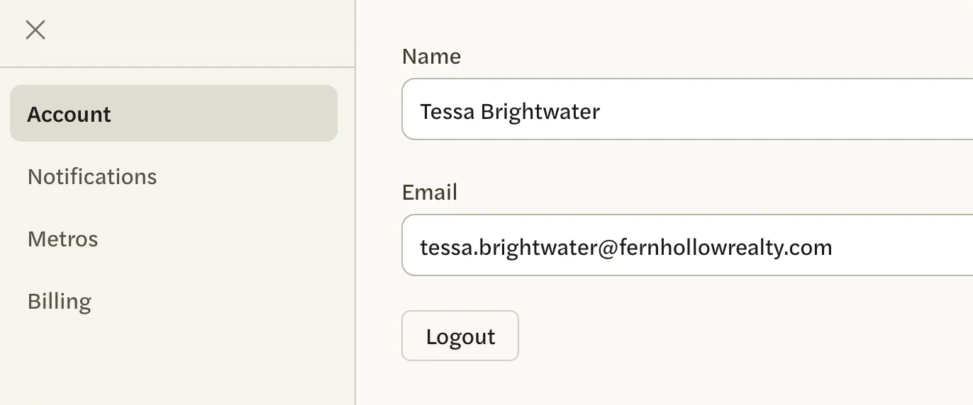 The Account tab in Settings, with the Name and Email boxes showing your current name and address