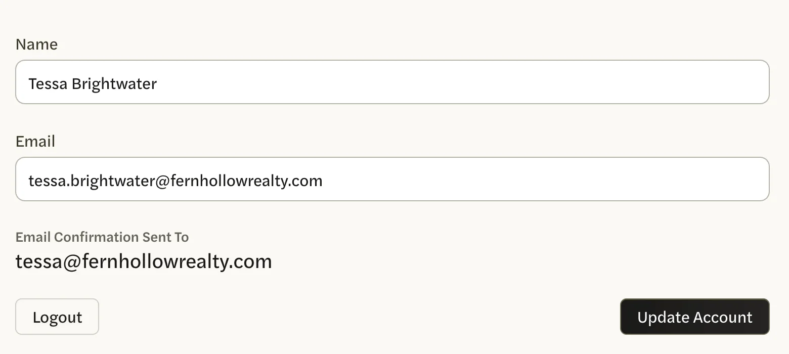 The Account tab after Update Account: the Email box shows the current address, and Email Confirmation Sent To shows the new one below it