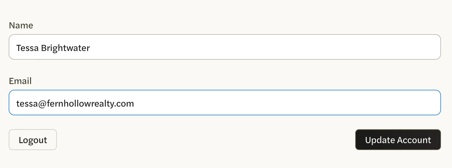 The Account tab with a new address typed in the Email box, and the Update Account button