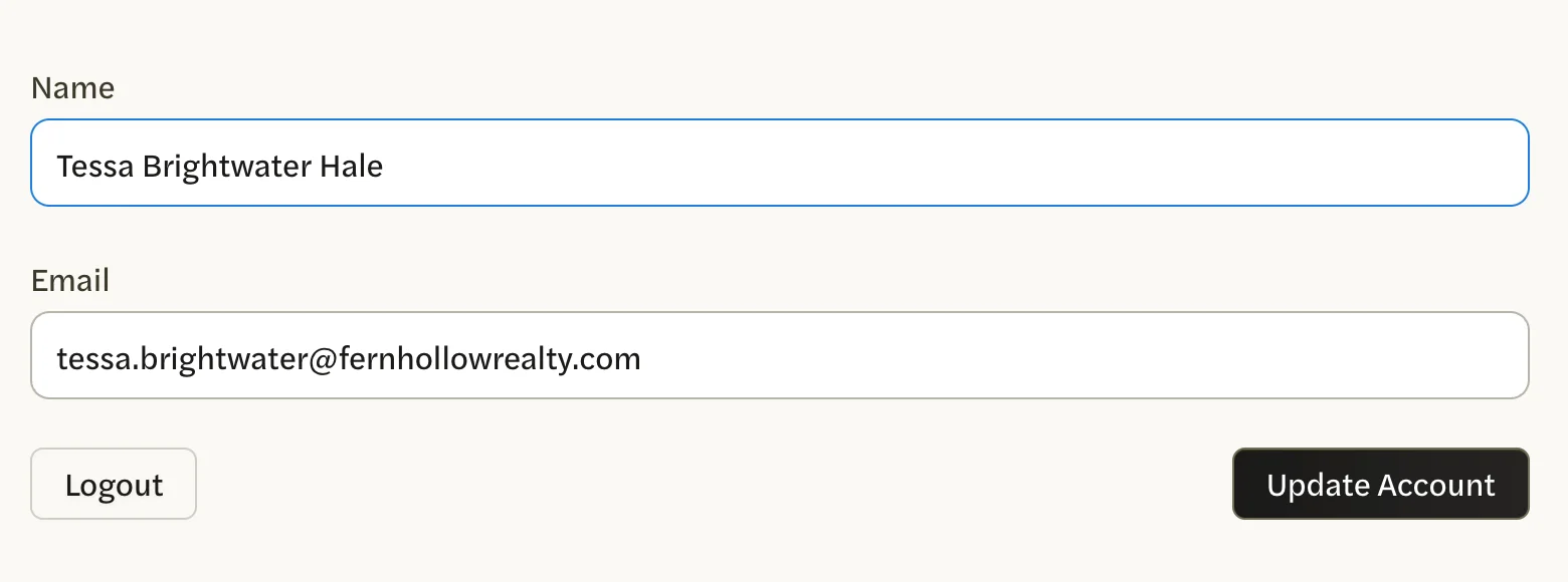 The Account tab with a new name typed in the Name box, and the Update Account button