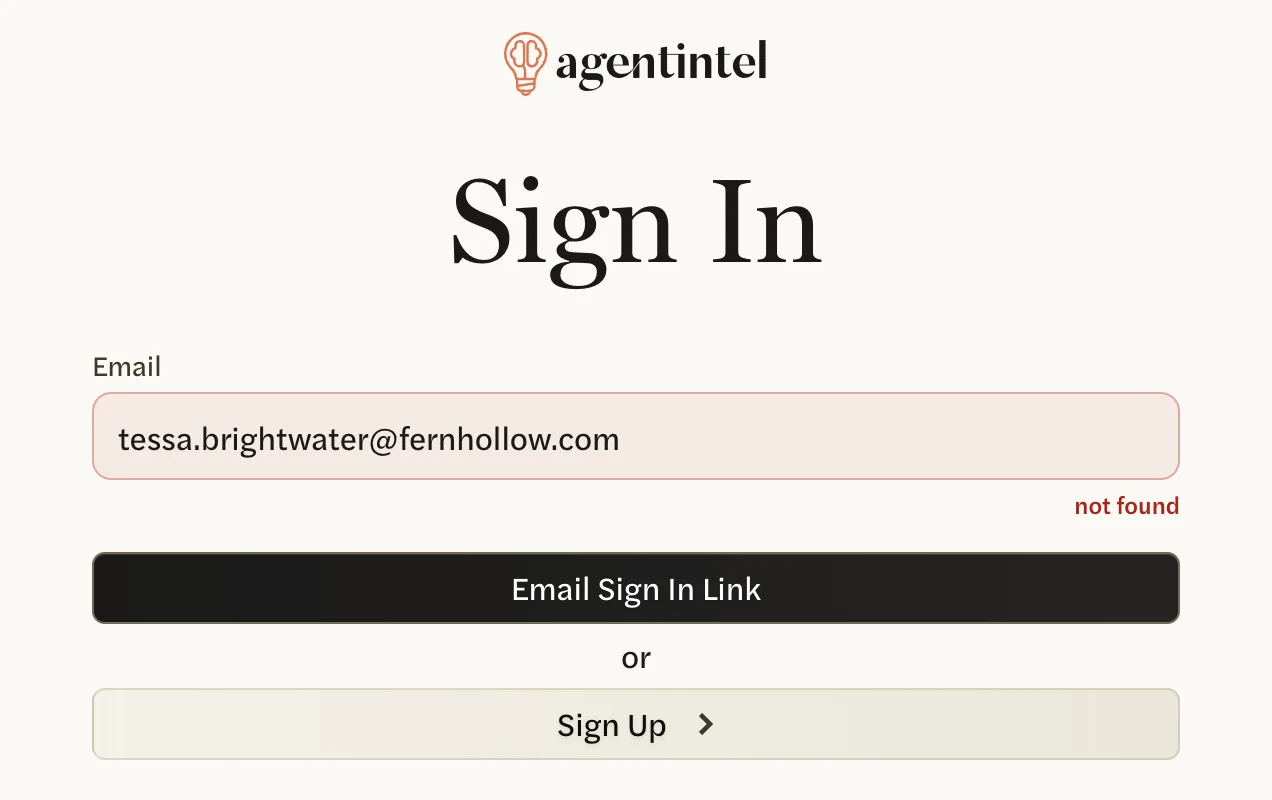 The Sign In page with an address in the Email box and not found in red below it