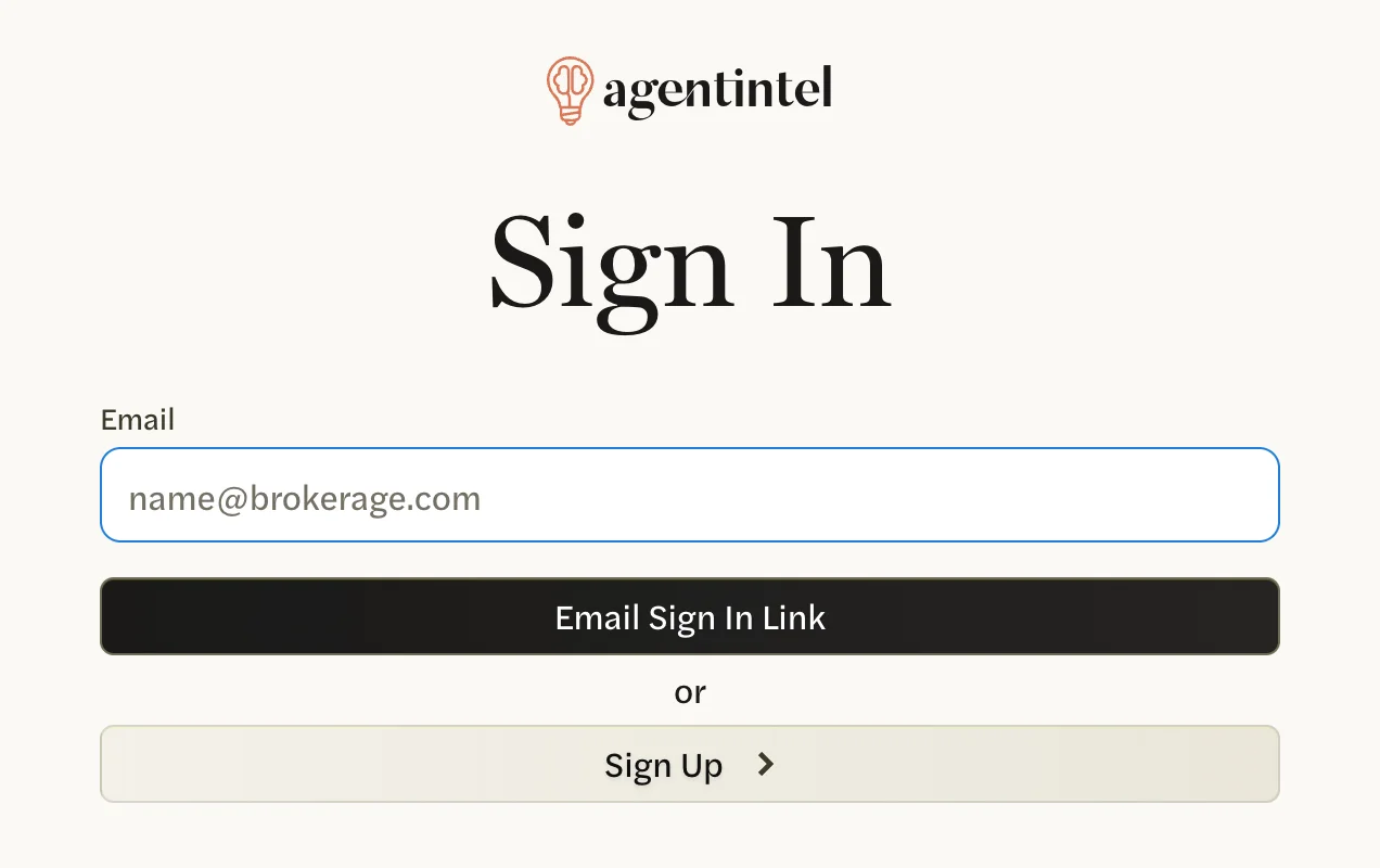 The Sign In page: the Email box, the Email Sign In Link button, and Sign Up below it
