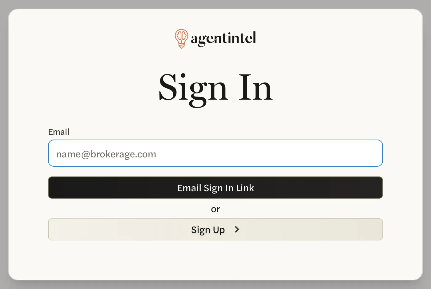 The Sign In page: the Email box, the Email Sign In Link button, and Sign Up below it