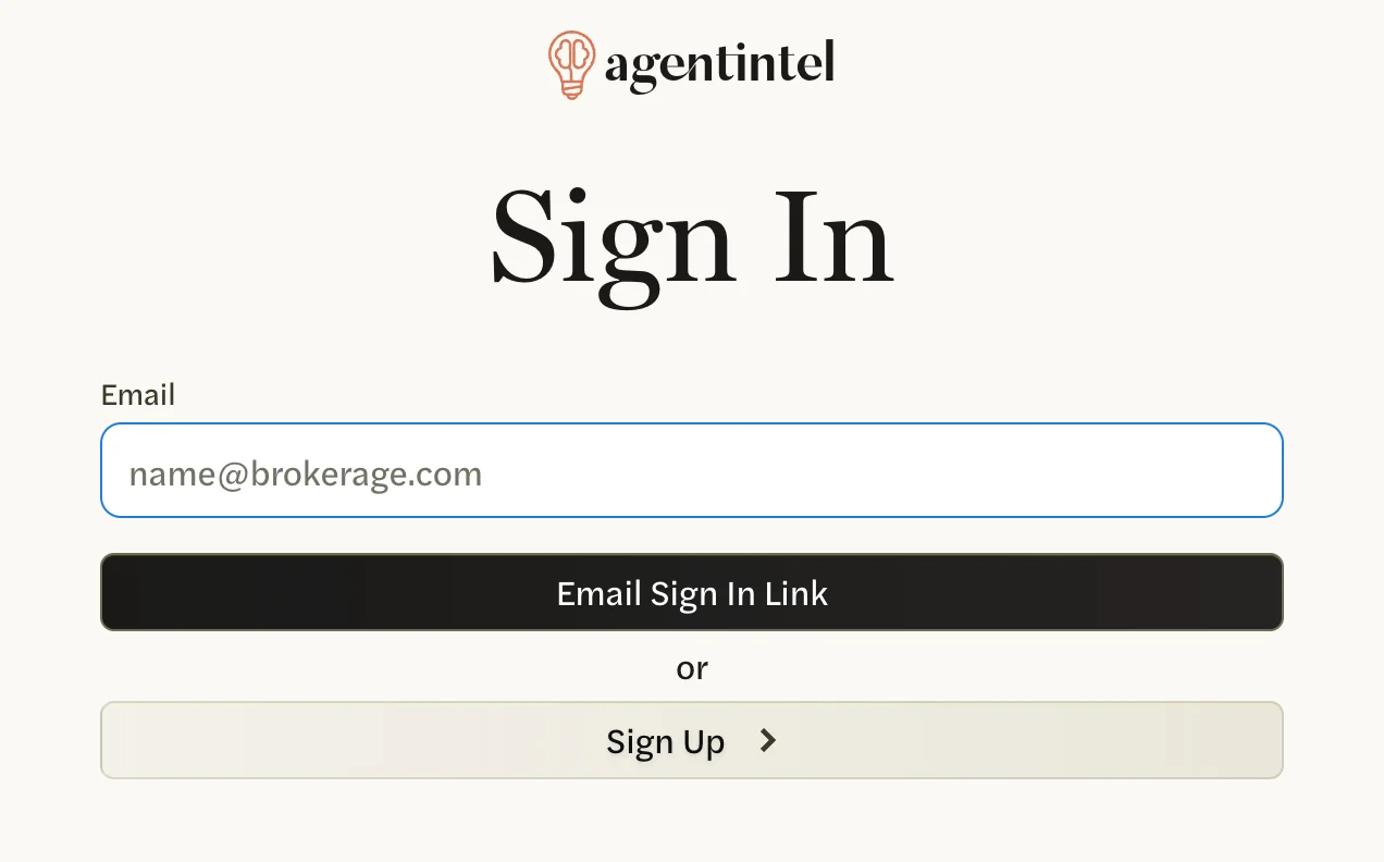 The Sign In page: the Email box, the Email Sign In Link button, and Sign Up below it
