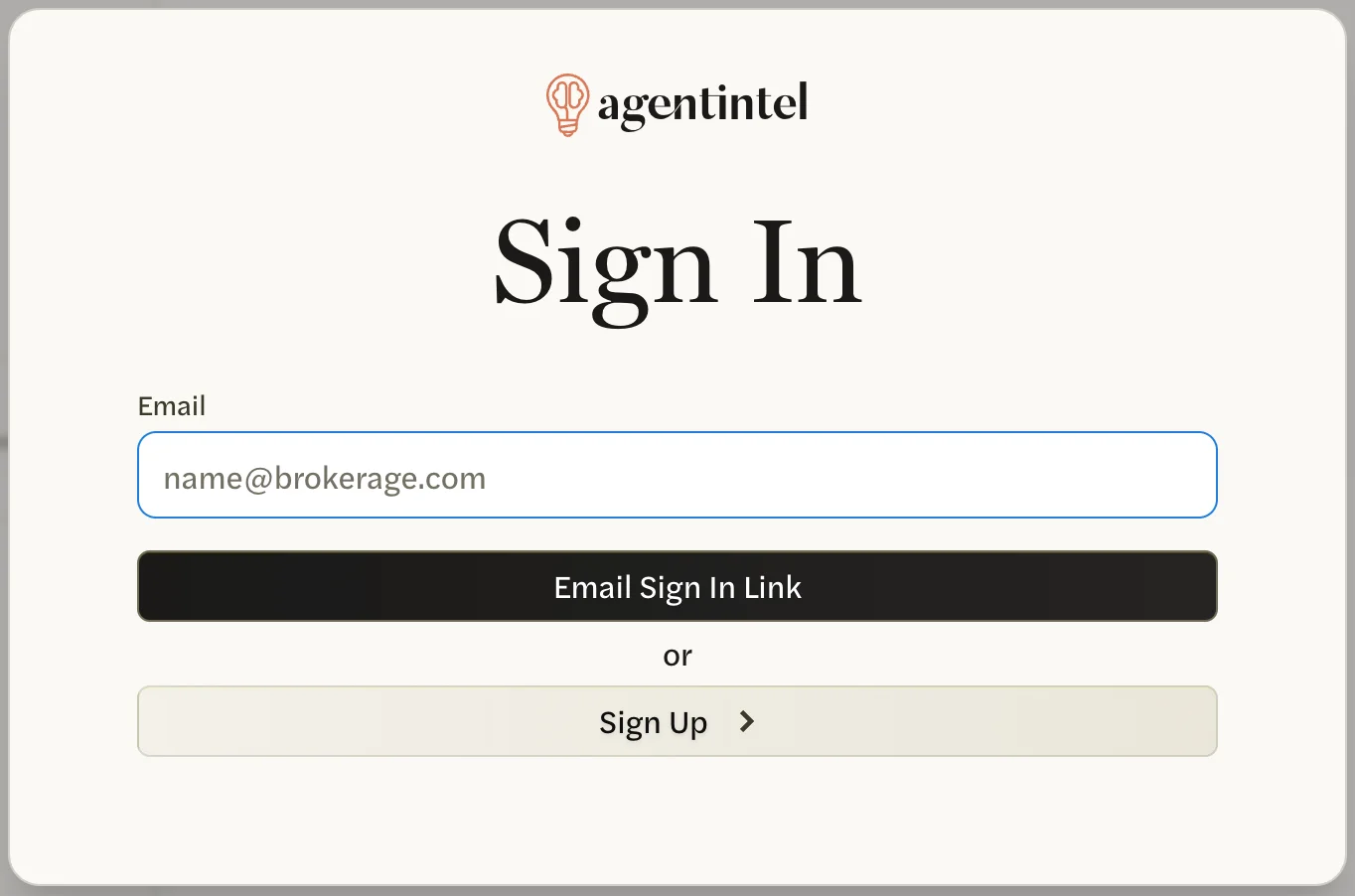 AgentIntel's Sign In page: the Email box, the Email Sign In Link button, and Sign Up below it