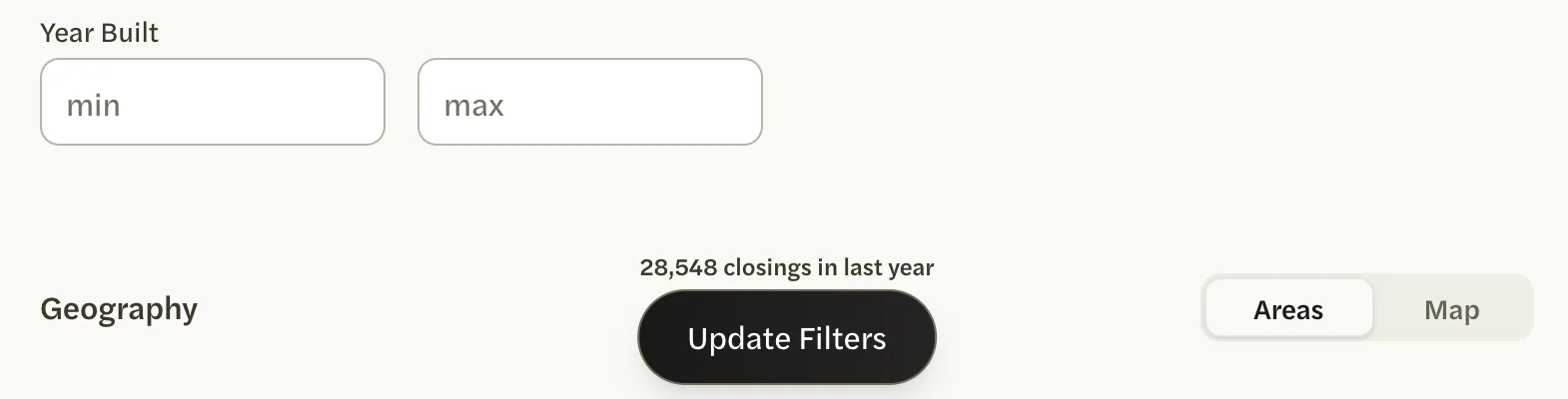 The bottom of the customize page of Austin Metro's Single Family version: Update Filters with no trash can beside it