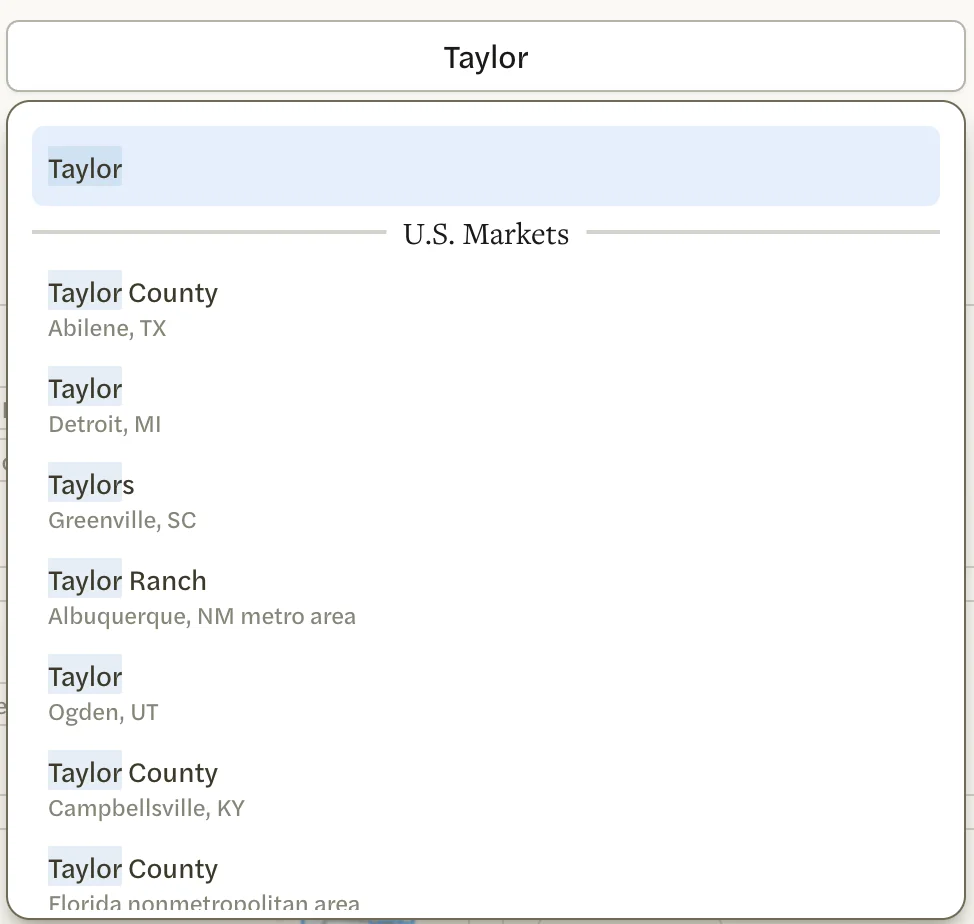 Search Markets with Taylor typed: your MLS's Taylor first, then U.S. Markets listing places named Taylor in other states, without the Taylor your MLS covers