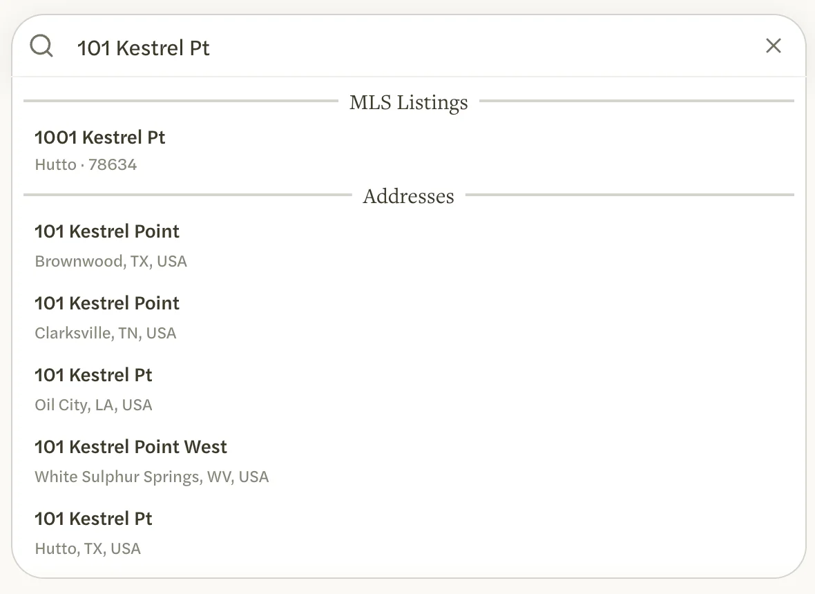 Search with 101 Kestrel Pt typed: MLS Listings offers only 1001 Kestrel Pt, and Addresses lists the same street in Texas, Tennessee, Louisiana and West Virginia