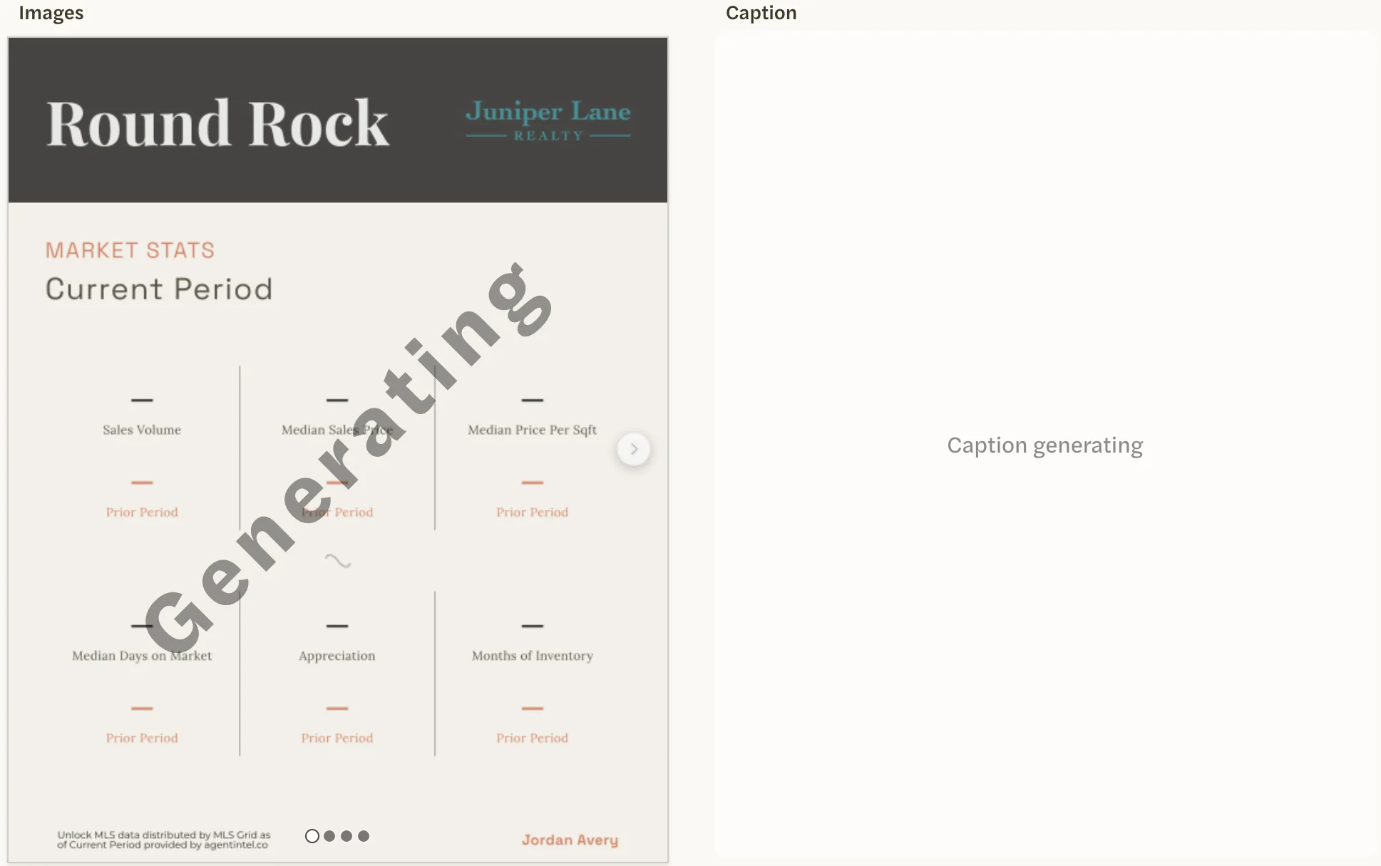 A post being made: the Round Rock image marked Generating, and the caption box reading Caption generating