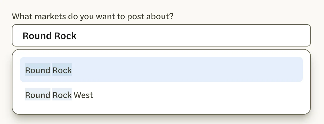 Round Rock typed under What markets do you want to post about?, with Round Rock and Round Rock West listed below