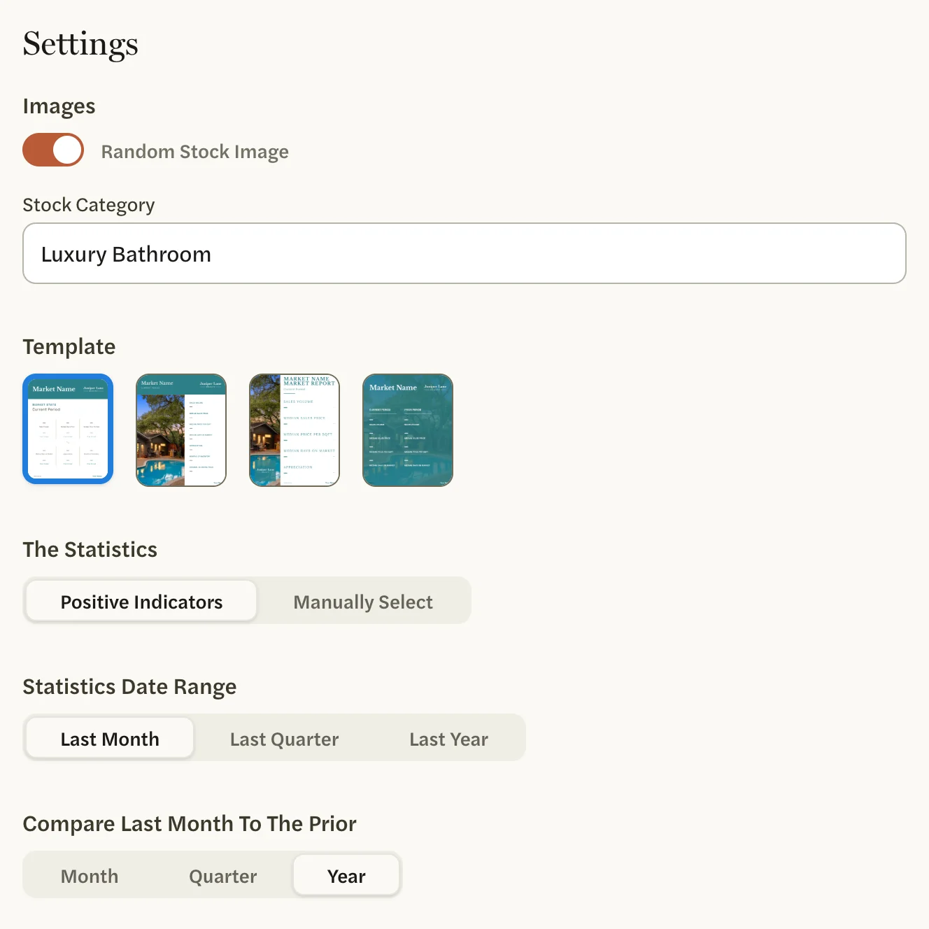 The Settings on Design Your Post: Images with Random Stock Image on and a Stock Category, the four Template pictures with the first chosen, The Statistics, Statistics Date Range and Compare Last Month To The Prior