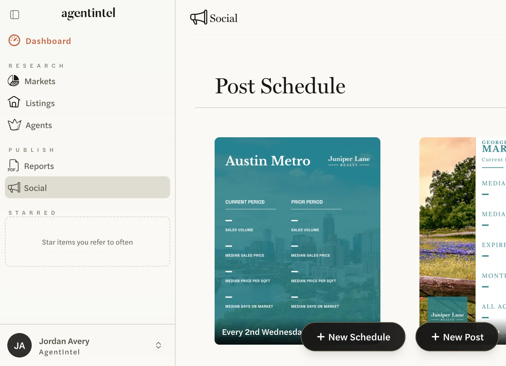 The Social page with Social highlighted in the left menu and the New Schedule and New Post buttons at the bottom