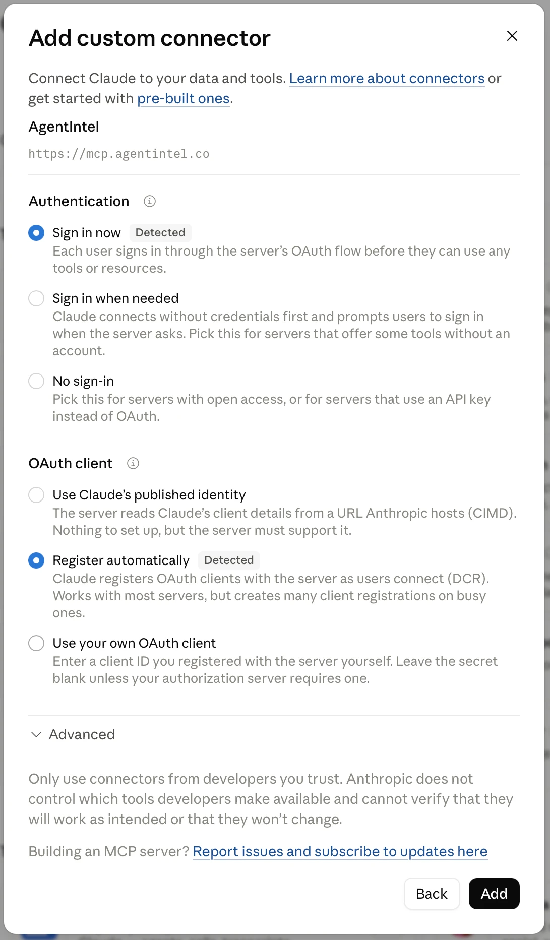 Sign in now and Register automatically selected in Claude