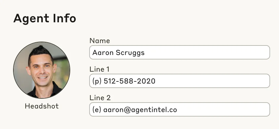 The Headshot & Settings form: the agent’s headshot, name, phone and email that go on every report