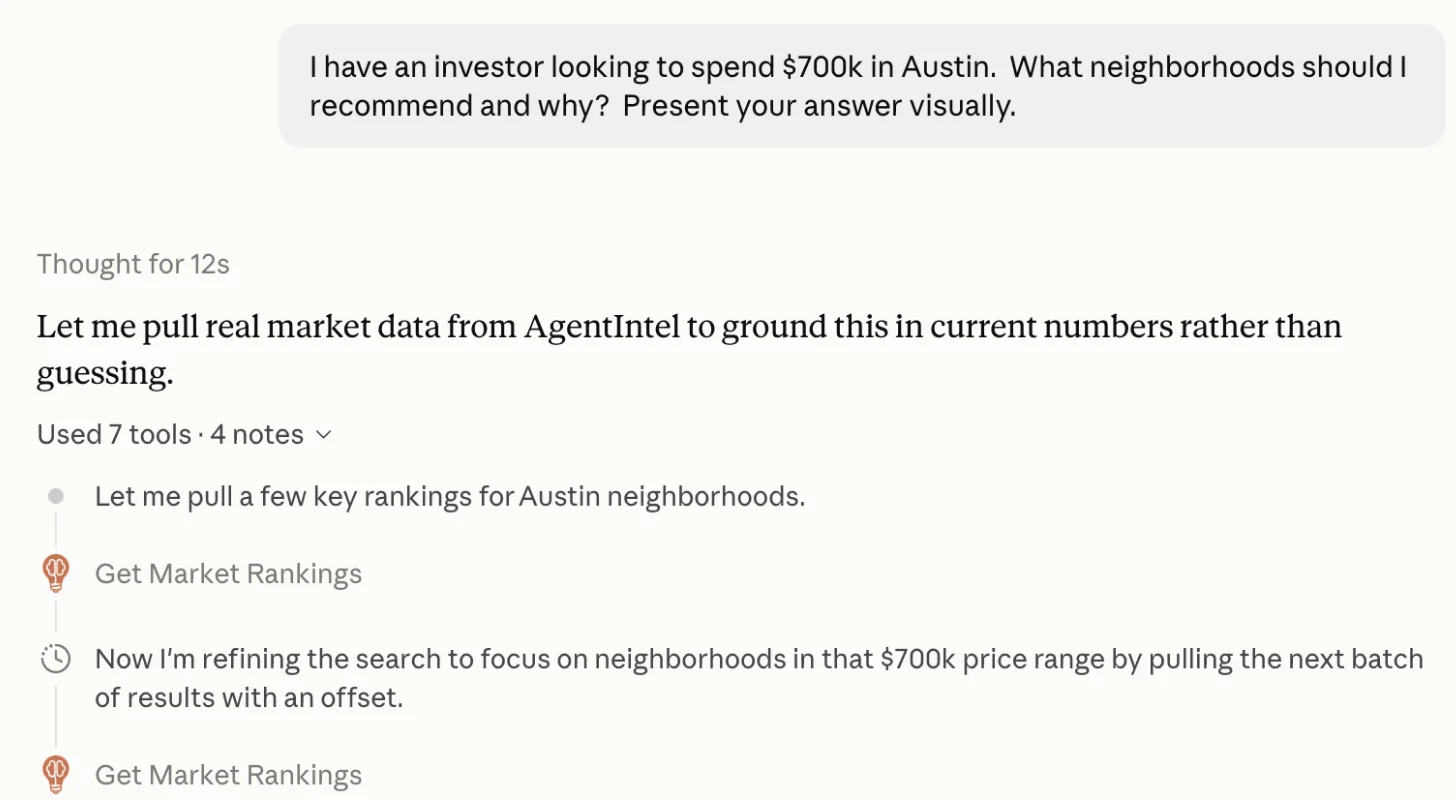 Claude, asked which Austin neighborhoods to recommend to a $700k investor, pulling real market data through AgentIntel’s Get Market Rankings tool