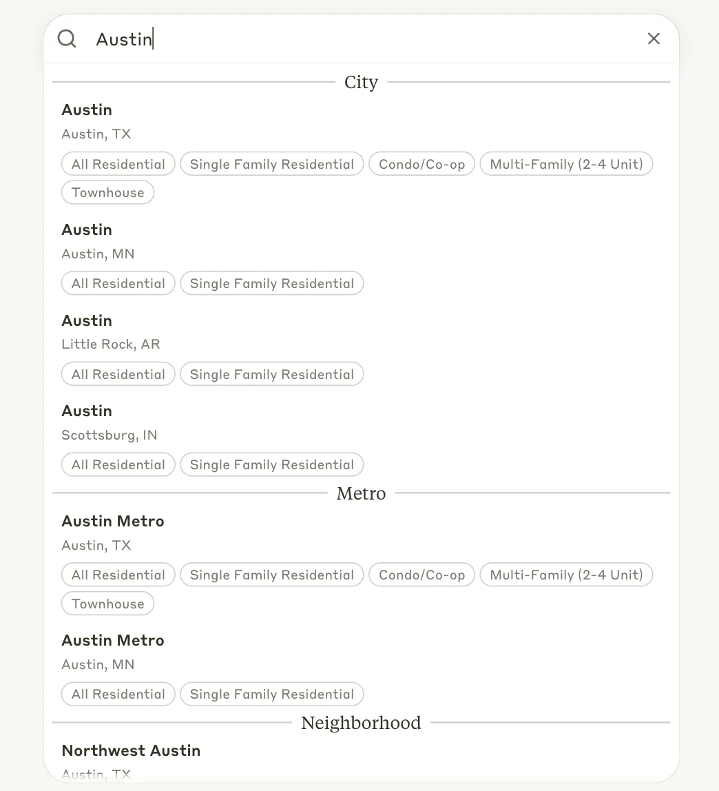 Market search results for “Austin” grouped by geography type — city, metro and neighborhood — each with its property types