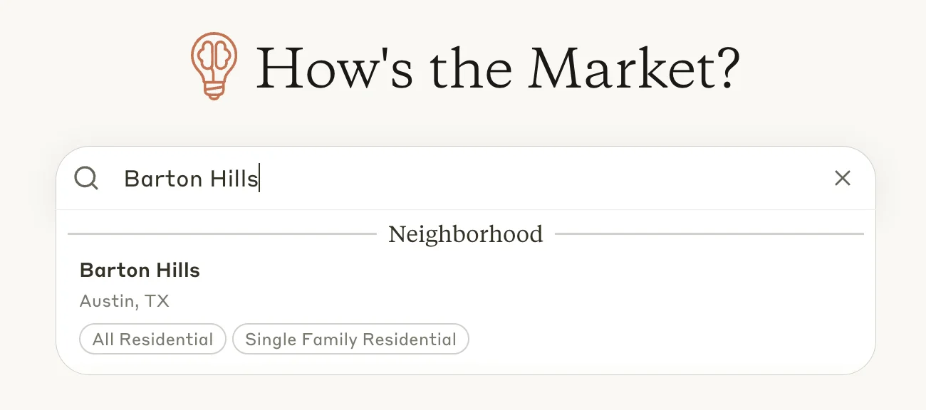 The market search with “Barton Hills” typed, showing the neighborhood result for Austin, TX and its property types