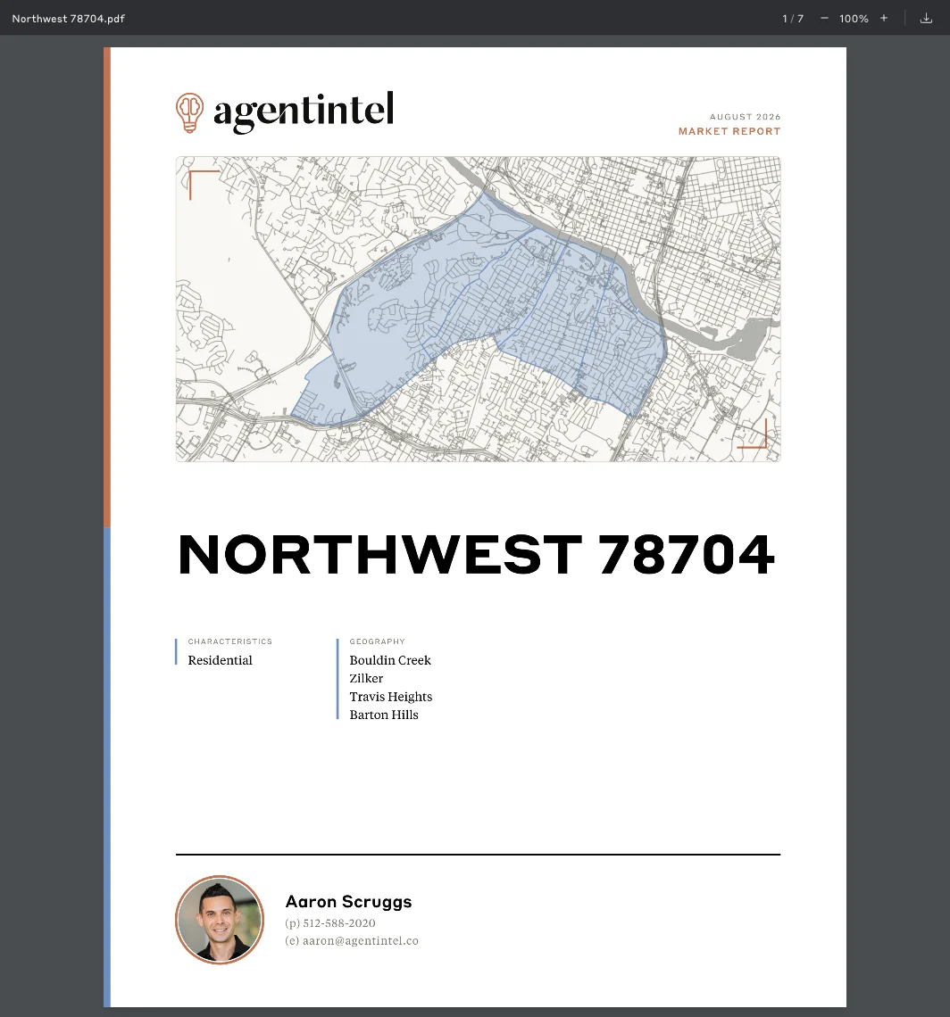 A generated Northwest 78704 market report opened from its share link: the cover shows the market map, the neighborhoods covered, and the agent’s headshot, name, phone and email