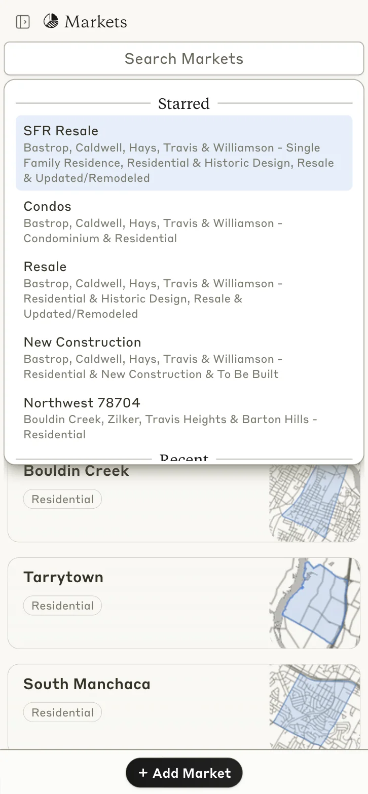 The markets list on a phone with the search open, showing the agent’s starred markets