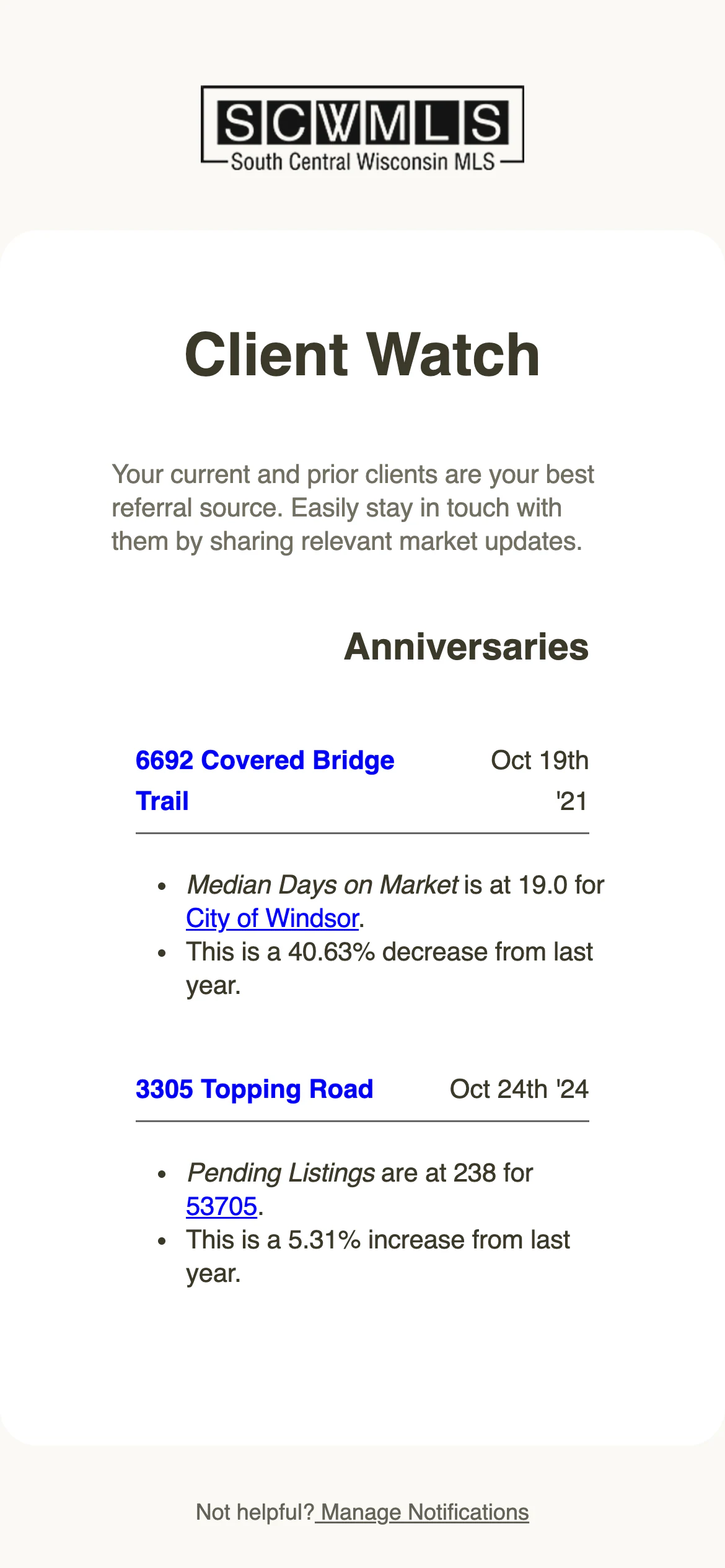 A Client Watch email on a phone under the SCWMLS logo: two clients’ home-buying anniversaries this week, each with a market number to call about.