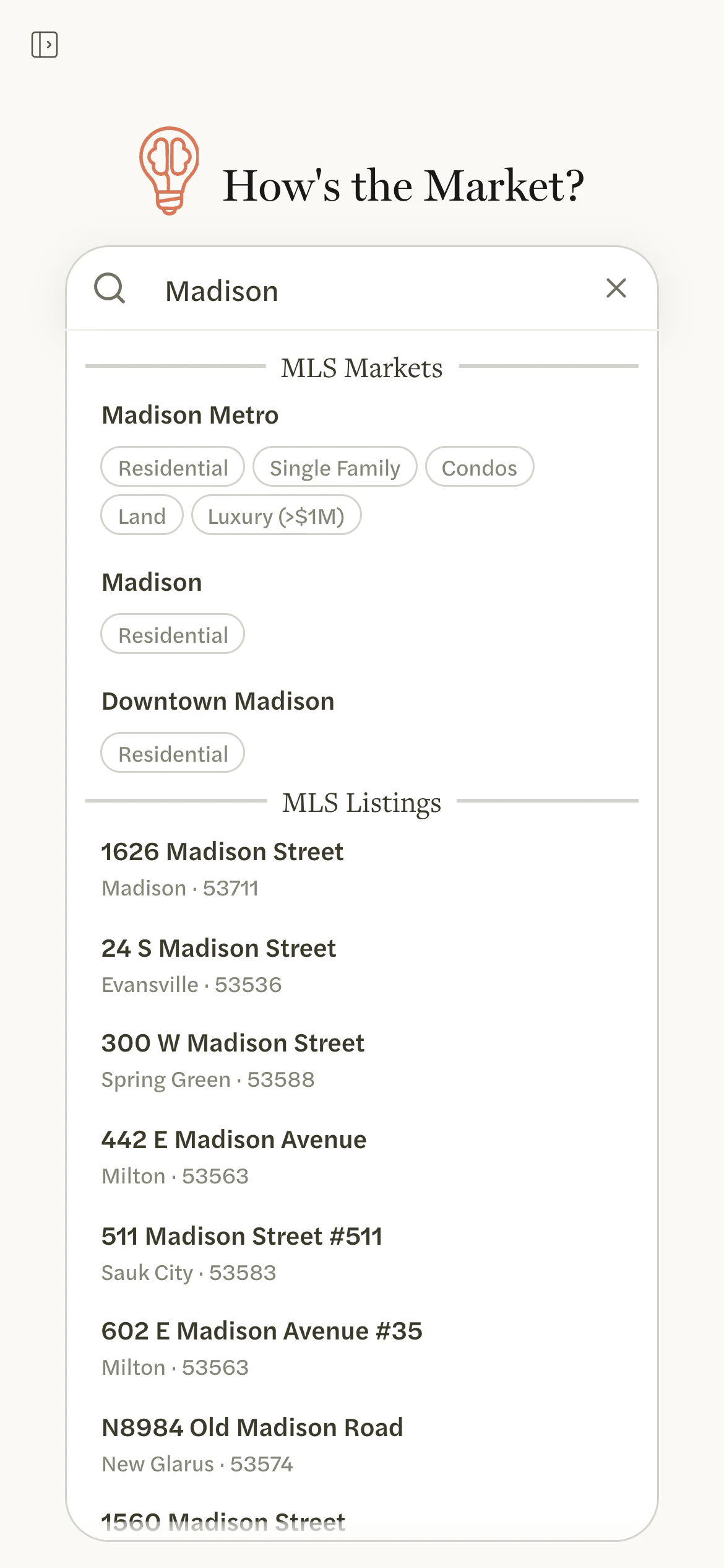 AgentIntel on a phone: “Madison” typed into the search, with Madison Metro, Madison and Downtown Madison among the markets and Madison-area listings below.
