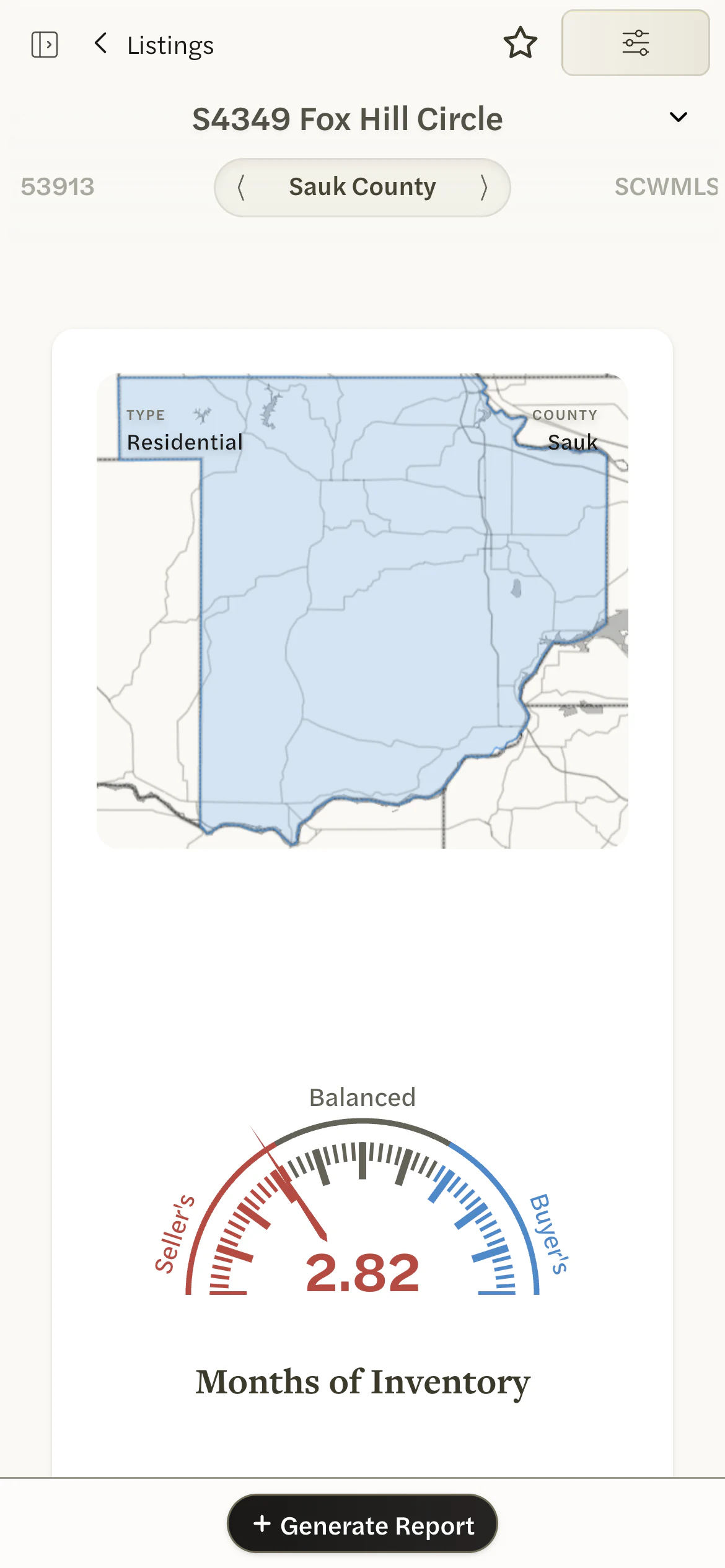 Raegen Trimmer’s listing S4349 Fox Hill Circle on a phone, showing Sauk County’s months of inventory with Generate Report below.
