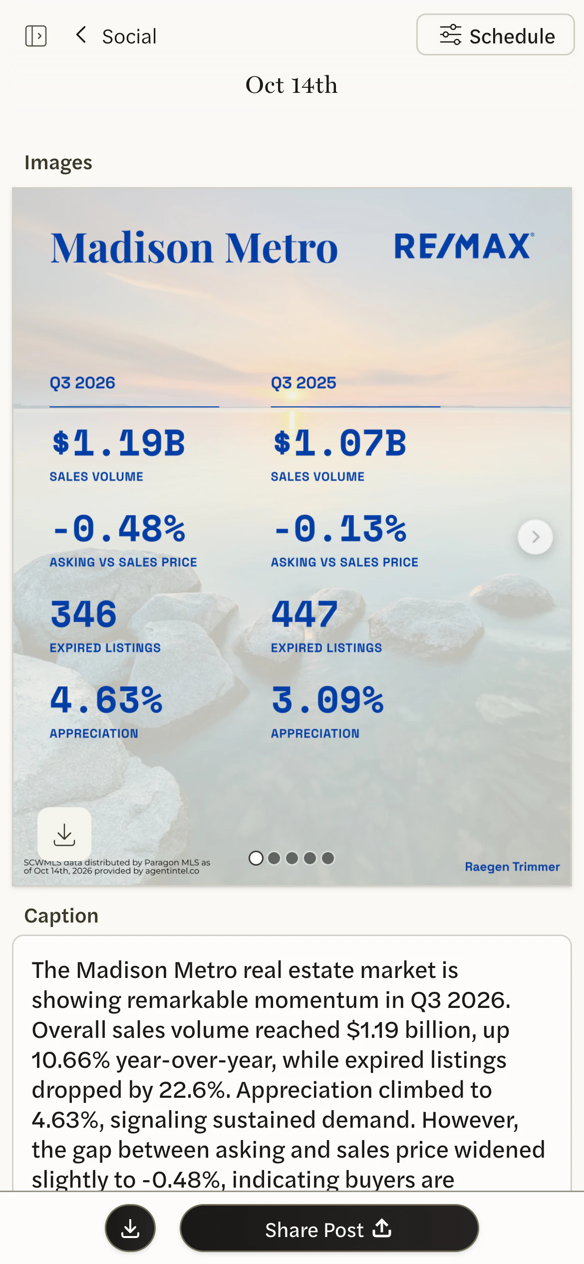 Raegen Trimmer’s RE/MAX-branded Madison Metro post for Q3 2026 on a phone, with its caption already written and Share Post ready.