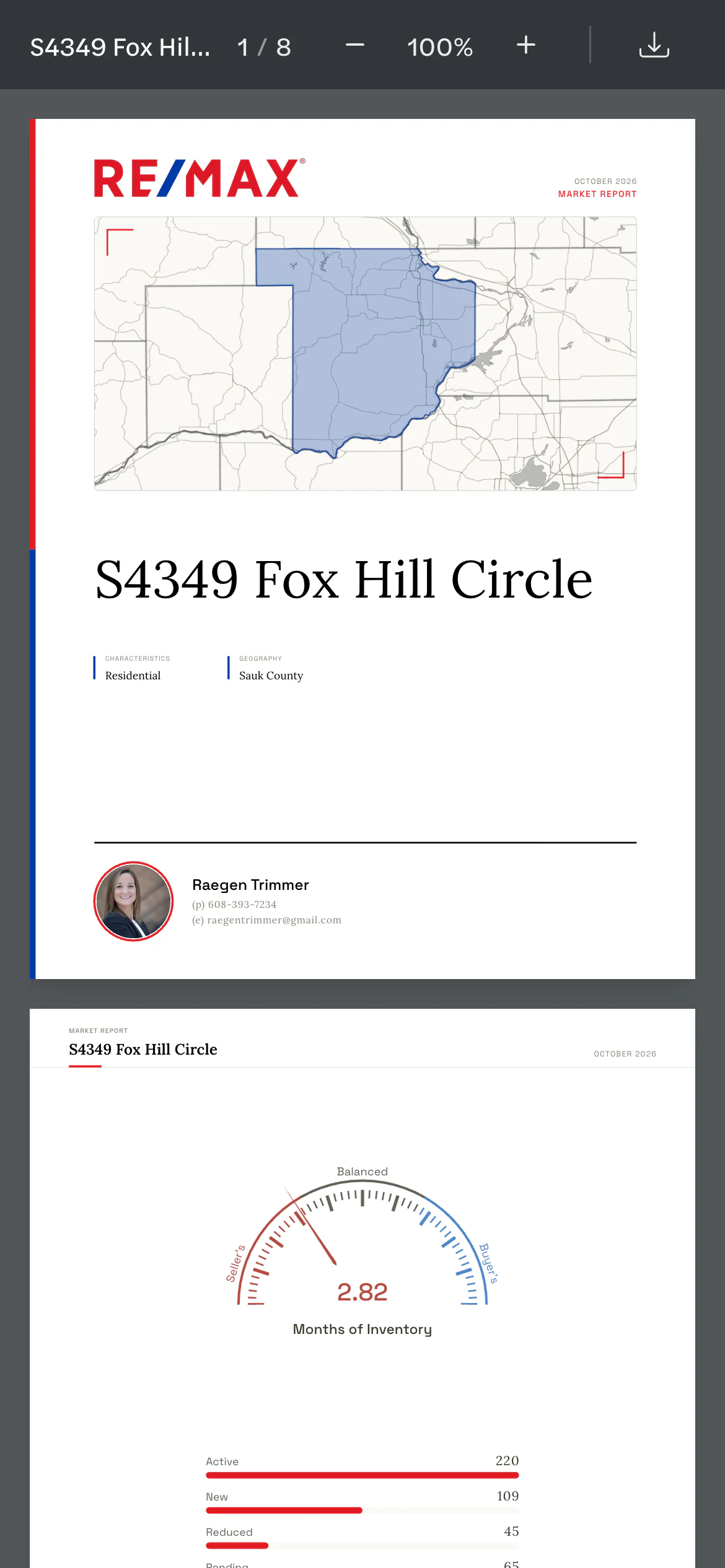 Raegen Trimmer’s RE/MAX-branded market report for S4349 Fox Hill Circle open on a phone: the cover with the Sauk County map and Raegen’s headshot, then the months-of-inventory page.