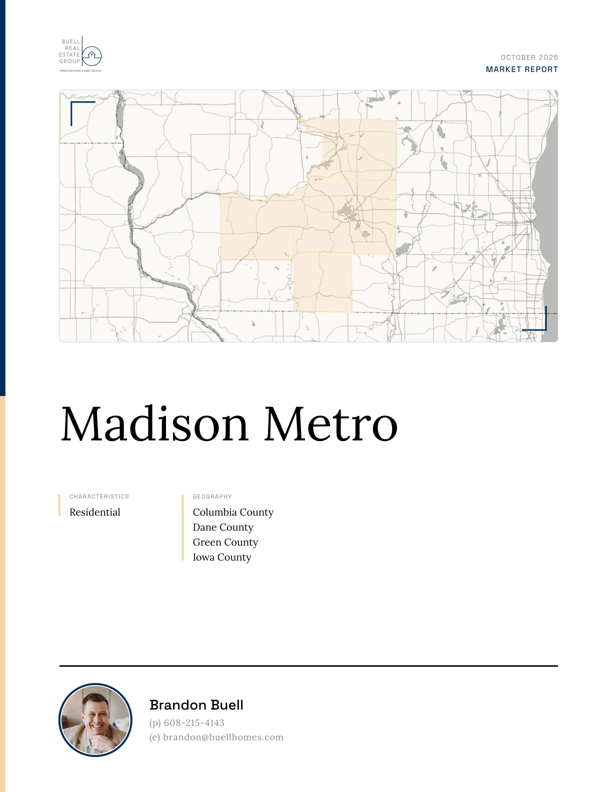 Cover of a Madison Metro market report branded for Brandon Buell: Brandon’s headshot, the Buell Real Estate Group team logo, and navy and peach