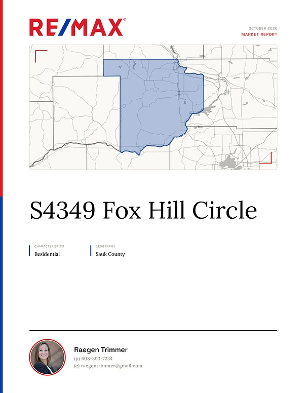Cover of Raegen Trimmer’s S4349 Fox Hill Circle market report: the RE/MAX logo and stripe, Sauk County on the map, and Raegen’s headshot